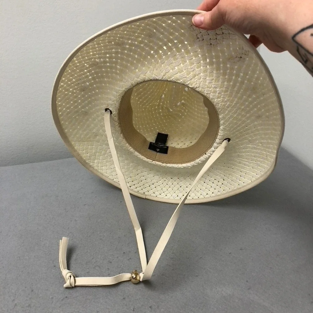 Lele Sadoughi Straw Sun Hat Womens OS Cream White Wide Brim Chin‎ Strap